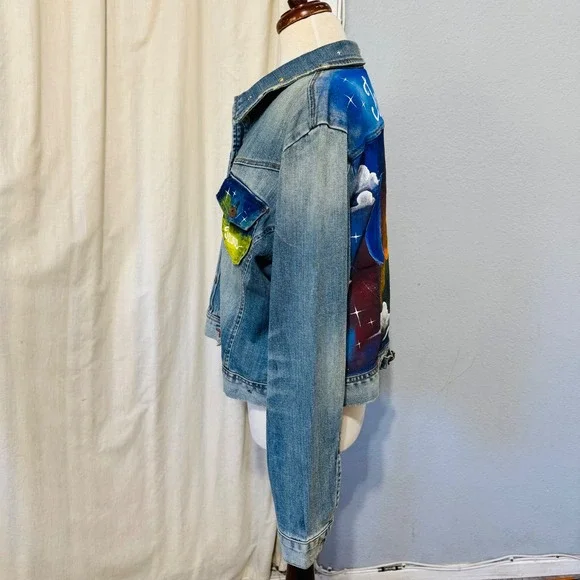 Upcycled Venezia Denim Jacket Hand Painted Taurus Sun Moon Celestial Art 18-20 - Picture 10 of 17